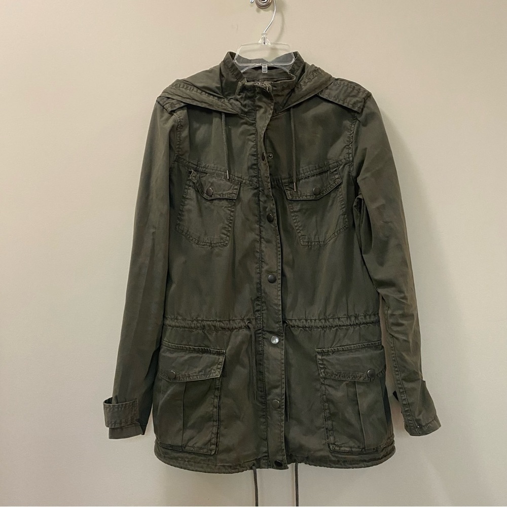BLANC NOIR Cotton Hooded Utility Jacket Olive Green Zipper Button Size XS